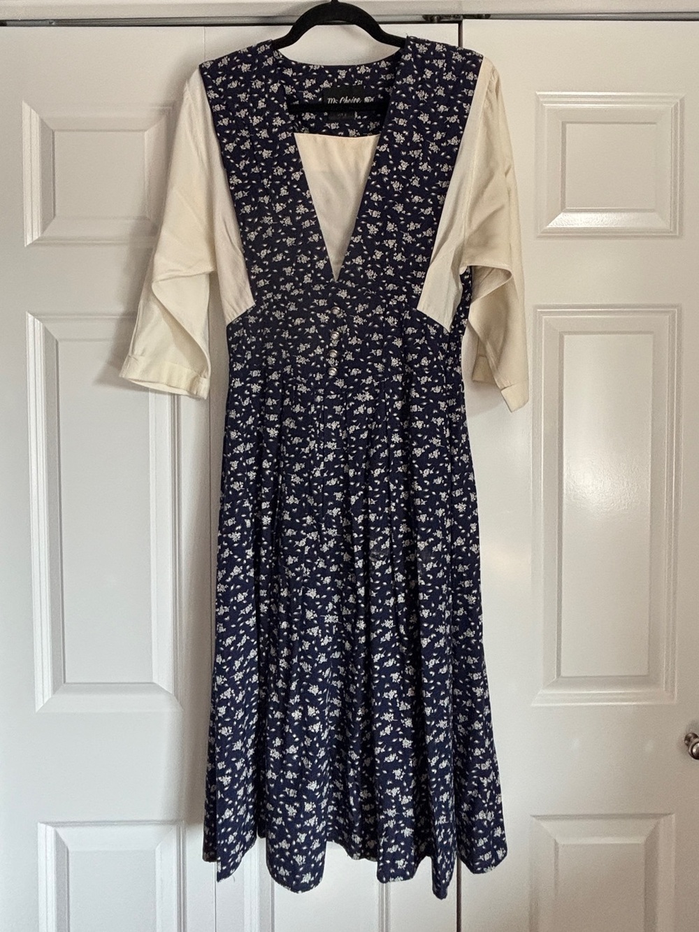 VTG 90s Navy Floral Pinafore Midi Dress with Cream Blouse Layer